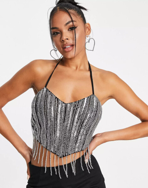 ASOS DESIGN embellished halter top with fringing in black