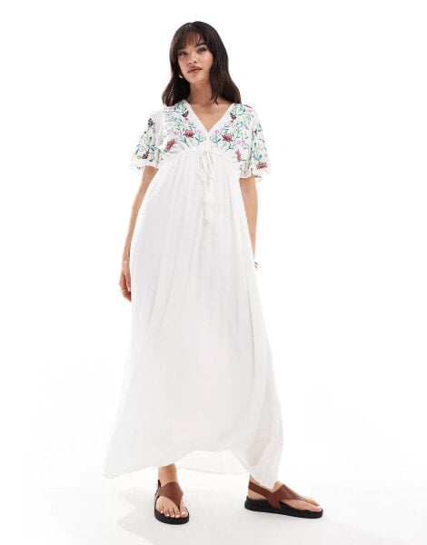 YAS embroidered v neck maxi dress in white - WHITE