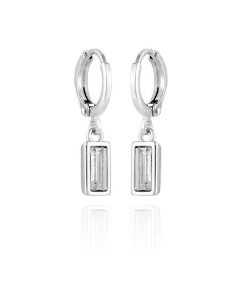 Silver-Tone Rectangular Glass Stone Dangle Huggie Hoop Earrings