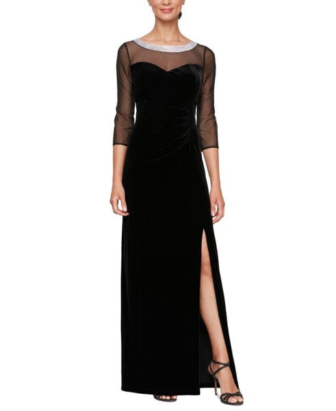 Petite Velvet Illusion Embellished Gown