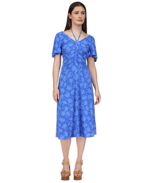 Women's Floral-Print Tie V-Neck Ruched Midi Dress, Regular & Petite