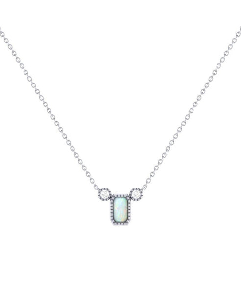 LuvMyJewelry emerald Cut Opal Gemstone, Natural Diamond 14K White Gold Birthstone Necklace