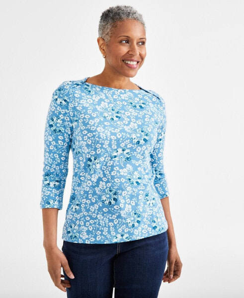 Petite Pottery Floral 3/4-Sleeve Pima Knit Top, Created for Macy's