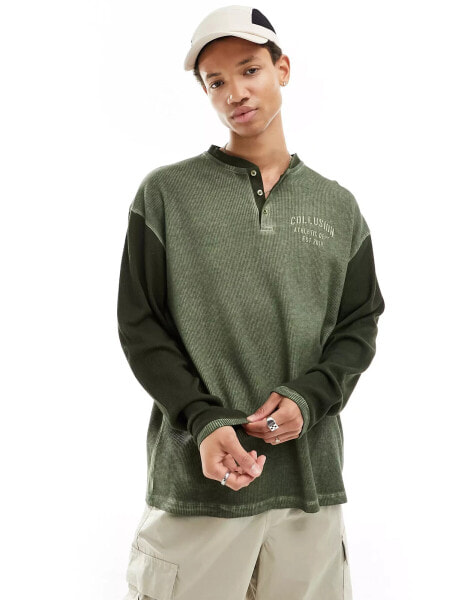 COLLUSION Varsity long sleeve t-shirt in green and khaki