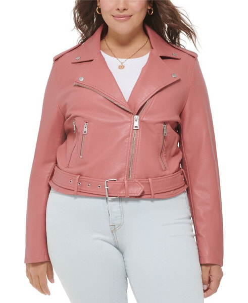 Plus Size Faux Leather Belted Motorcycle Jacket