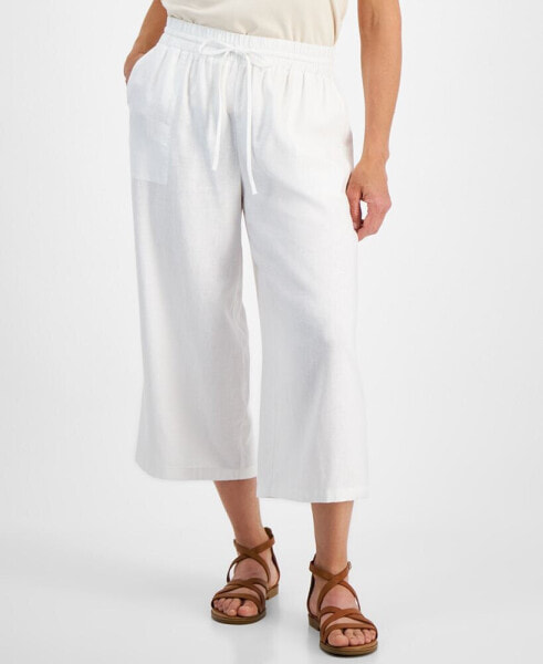 Petite Cropped Linen Wide-Leg Drawstring Pants