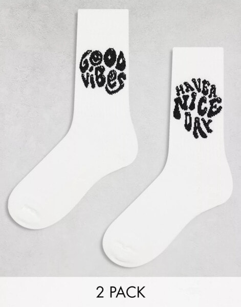 ASOS DESIGN 2 pack sock with positive slogans in white