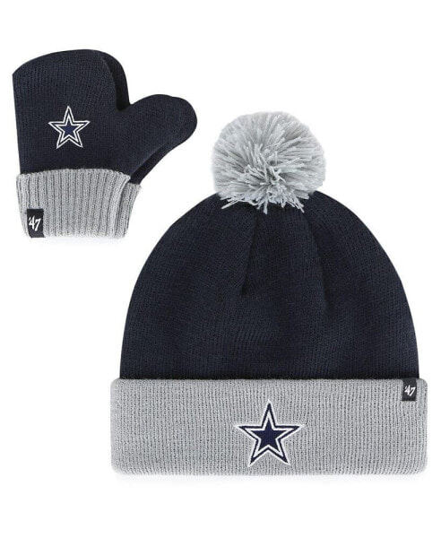 Infant Boys and Girls Brand Navy Dallas Cowboys Bam Bam Cuffed Knit Hat with Pom and Mittens Set