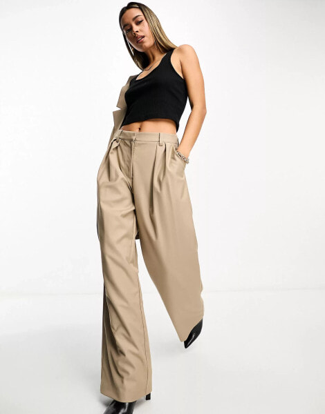 NA-KD co-ord pleated wide leg trousers in beige