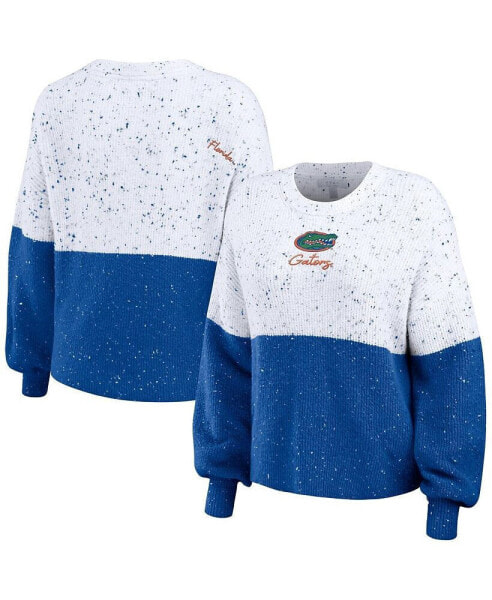 Women's White, Royal Florida Gators Colorblock Script Pullover Sweater