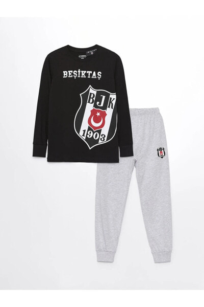 Bisiklet Yaka Beşiktaş Baskılı Uzun Kollu Erkek Çocuk Pijama Takımı