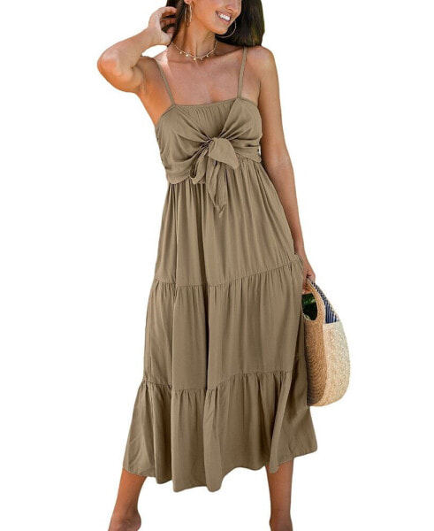 Women's Neutral Sleeveless Bust Tie Midi Beach Dress