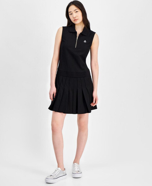 Women's Collared Pleated Sleeveless A-Line Dress