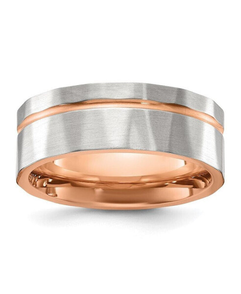 Stainless Steel Brushed and Faceted Rose IP-plated Band Ring