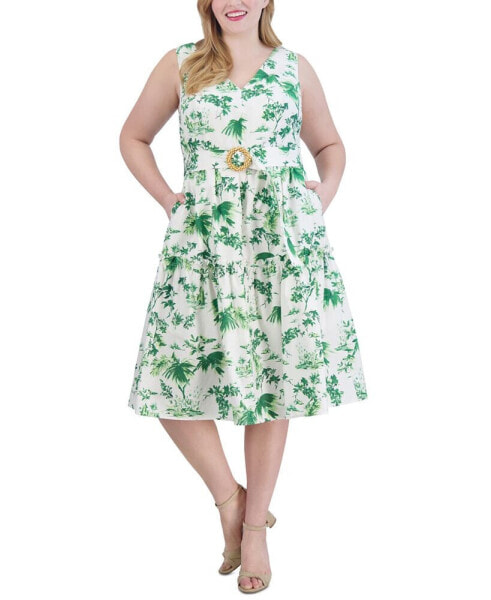 Plus Size Printed Belted Cotton Midi Dress