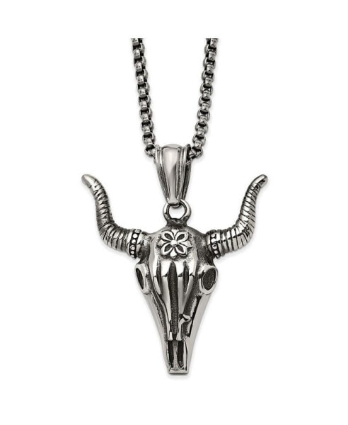 Antiqued Bull Skull Pendant Box Chain Necklace