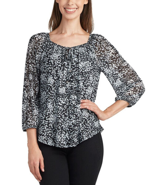 Juniors' Printed Round-Neck Bubble-Sleeve Top