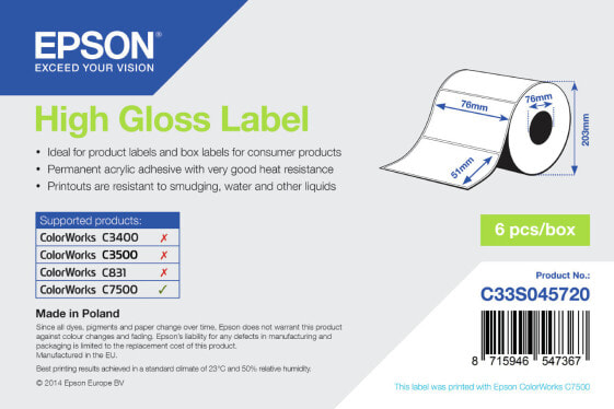 Epson High Gloss Label - Die-cut Roll: 76mm x 51mm - 2310 labels - White - HG - Acrylic - Permanent - Gloss - Epson ColorWorks C7500G ColorWorks CW-C6500 ColorWorks CW-C6000Pe ColorWorks CW-C6000Ae...