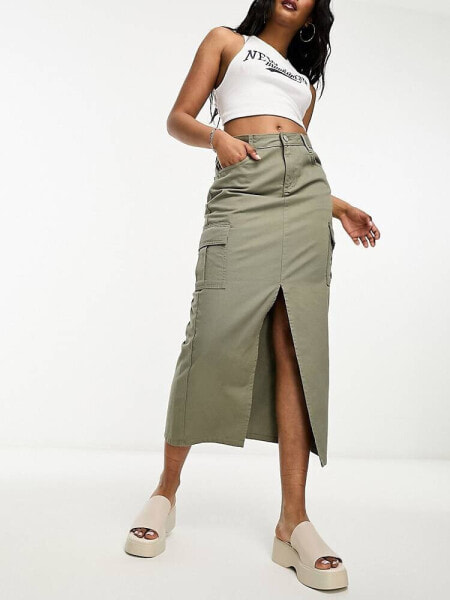 New Look cargo midi skirt in dark khaki