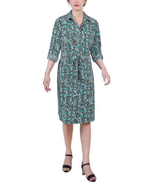 Petite Geometric Printed Long Sleeve Roll Tab Shirtdress