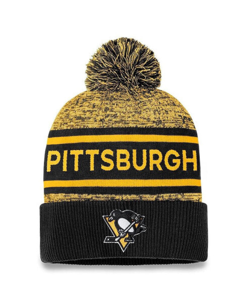 Шапка с отворотом Fanatics мужская черная, золотая Pittsburgh Penguins Authentic Pro с помпоном