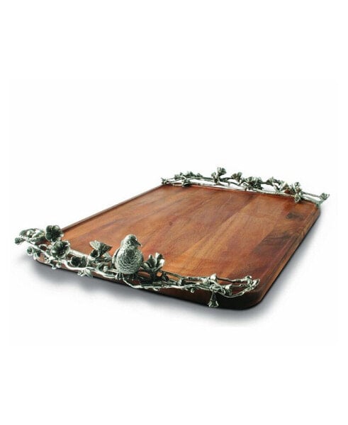 Wood Serving Tray with Pewter Song Bird Handles