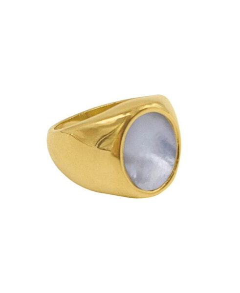 14K Gold Plated Oval White Imitation Mother of Pearl Ring