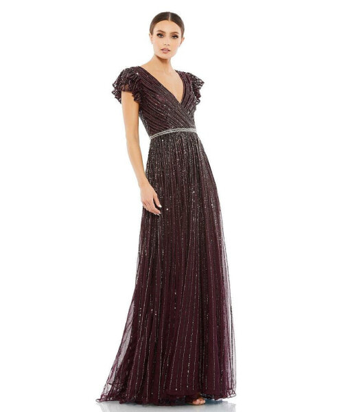 Women's Sequined Wrap Over Ruffled Cap Sleeve Gown