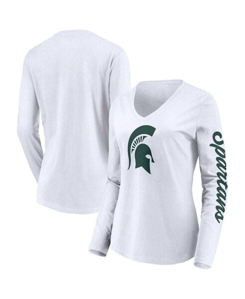 Women's White Michigan State Spartans Logo and Script 2-Hit Long Sleeve V-Neck T-shirt