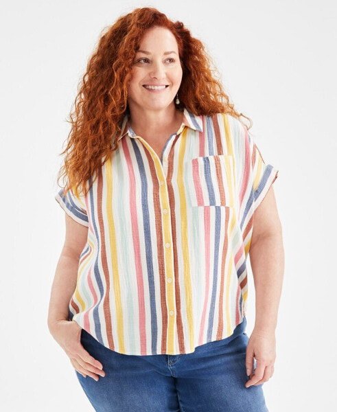 Plus Size Cotton Button-Front Camp Shirt, Created for Macy's