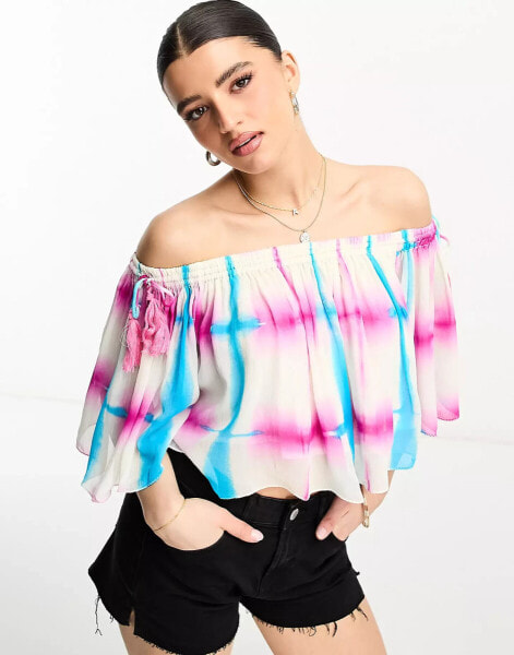 Raga Beating Hearts off shoulder tie dye crop top in pink