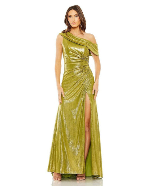 Women's Ieena One Shoulder Ruched Waist Slit Metallic Gown