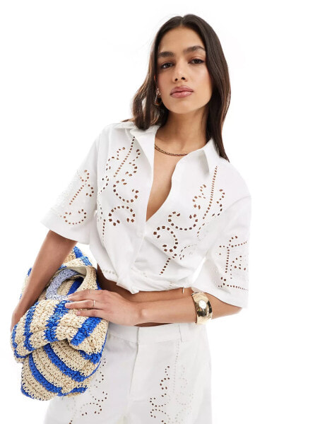 ASOS DESIGN premium shirt with cutwork broderie in white co-ord