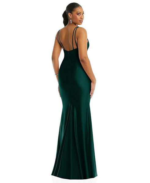 Deep V-Neck Stretch Satin Mermaid Dress with Slight Train