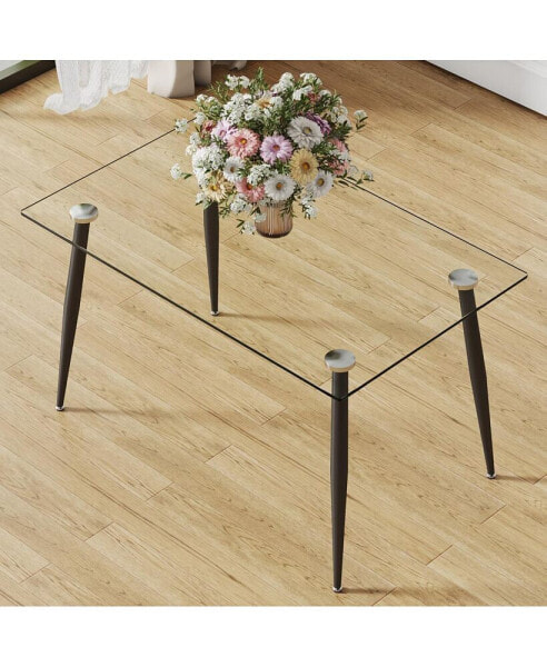 Rectangular Glass Dining Table with Black Metal Legs