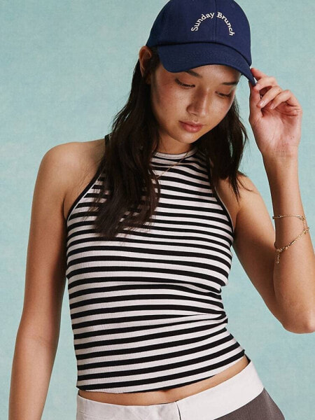 Miss Selfridge rib racer top in black and white stripe