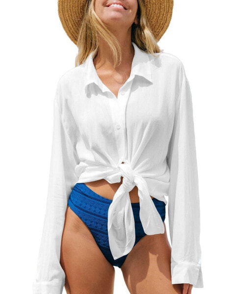 Women's White Collared Button-Up Cover-Up