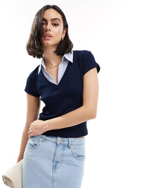 Stradivarius collar detail layered t-shirt in navy