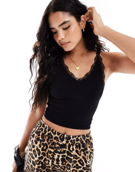 Pull&Bear lace trim cami in black