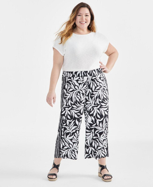 Plus Size Linen-Blend Printed Wide-Leg Cropped Pants, Created for Macy's