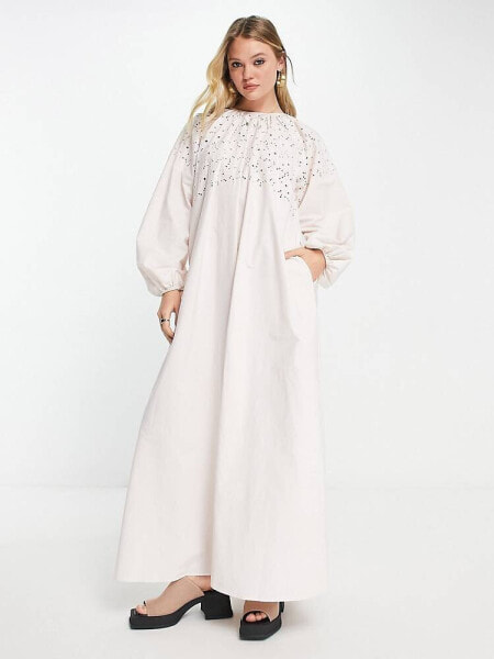 ASOS DESIGN maxi smock dress with cutwork in natural 