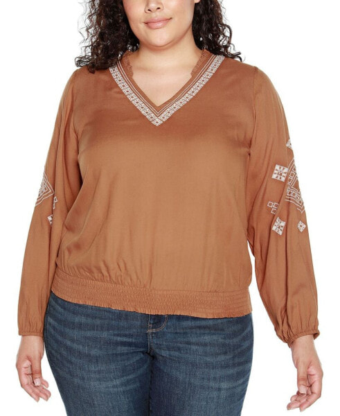 Black Label Plus Size Embroidered Blouson Sleeve V-Neck Blouse