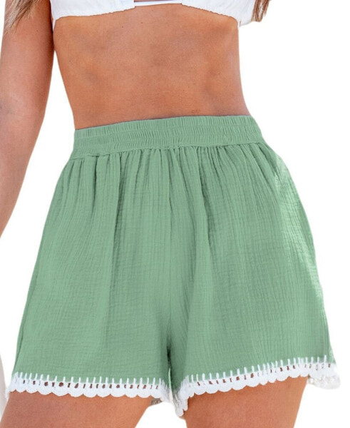 Women's Green Elastic Waist Crochet Hem Wide Leg Shorts