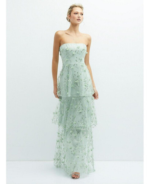 Strapless 3D Floral Embroidered Dress with Tiered Maxi Skirt