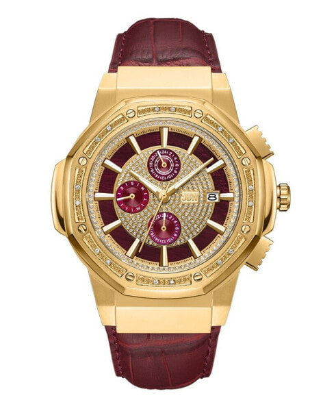 Men's Saxon Multifunction Maroon Genuine Leather Watch, 48mm