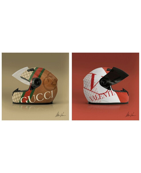 "Haute Helmets" Set Frameless Free Floating Tempered Glass Panel Graphic Wall Art Set Of 2, 24" x 24" x 0.2" Each