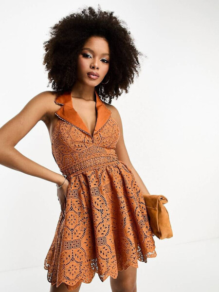 ASOS DESIGN lace collar mini dress with open back detail in rust