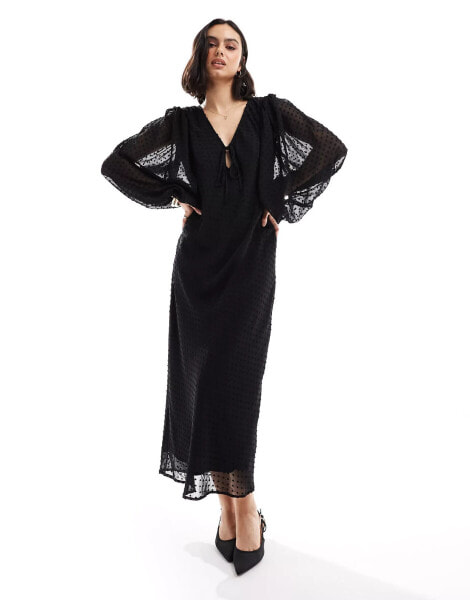 ASOS DESIGN dobby balloon sleeve midi dress in black