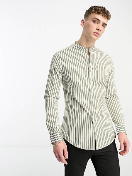 ASOS DESIGN skinny stripe shirt with grandad collar in khaki