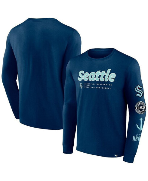 Men's Deep Sea Blue Seattle Kraken Strike the Goal Long Sleeve T-shirt